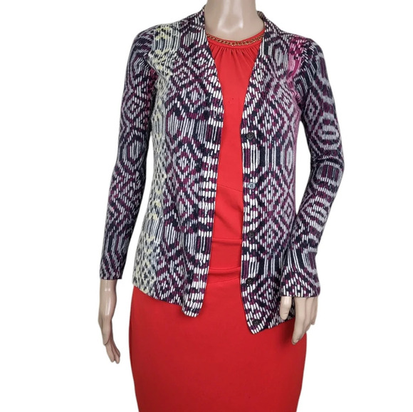 Neiman Marcus Cashmere Collection Magenta Aztec Cardigan - Picture 1 of 4